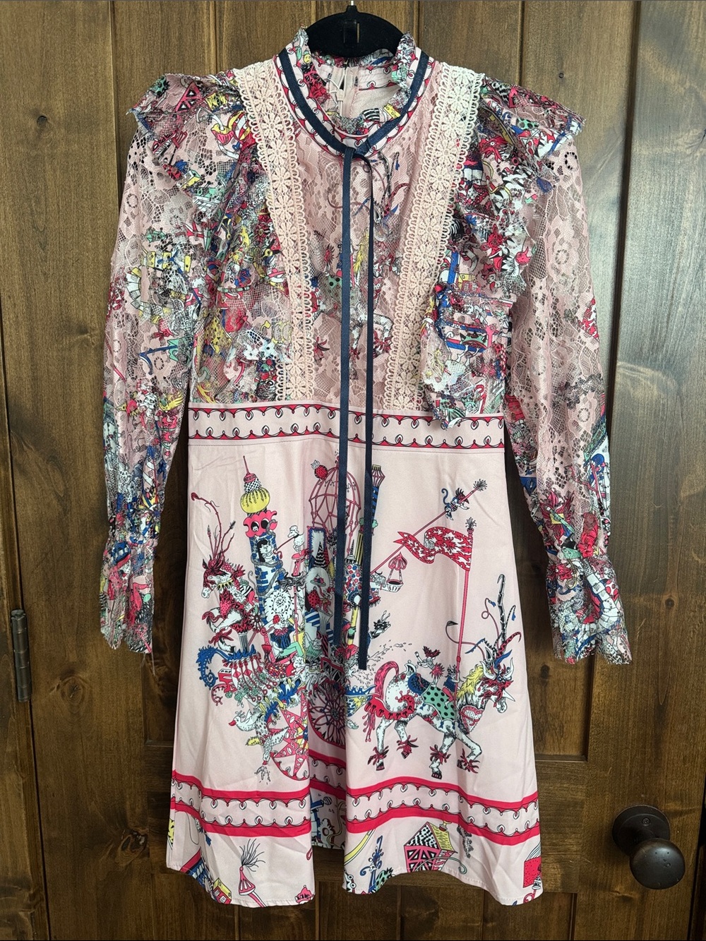 Dalia MacPhee, NWT Long Sleeve Pink Printed Lace-Detail Dress